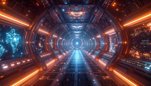 Futuristic interior, a tunnel with glowing lights, showcasing maps on digital screens. Metallic walls and a central blue core