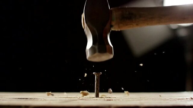 A close-up shot captures a hammer striking a nail, showcasing the dynamics of carpentry and craftsmanship.