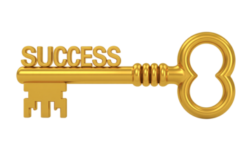 A golden key with the word success on it against a black background in a studio shot on transparent background