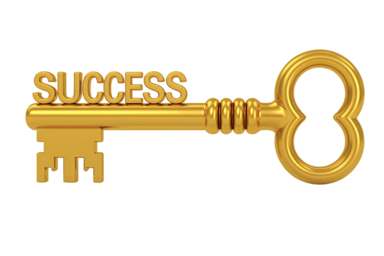 A golden key with the word success on it against a black background in a studio shot on transparent background