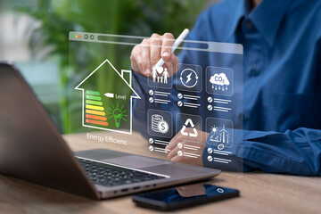 Businesswoman Managing Energy Efficiency Level Meter, Eco Friendly Sustainable House Concept, Green Energy Rating Class, Renewable Resource,Smart Home Technology,Corporate Environmental Responsibility