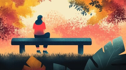  Woman Sitting On Bench In Autumn Scenery