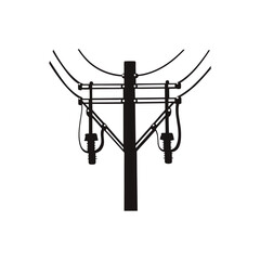 Silhouette of power pole with electric wires on white background