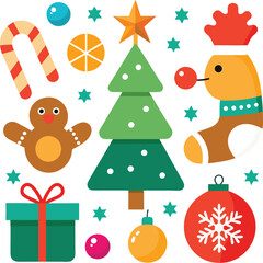 Naklejka premium Vector art of a collection of festive christmas icons including a gingerbread man, candy cane, christmas tree, gift box, ornament, and other holiday symbols, all isolated on a