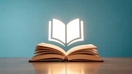 An open book with a glowing book icon above it on a wooden surface against a blue background