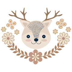 Cute Woodland Deer with Floral Wreath Clipart Beige and Earth Tone Animal Illustration