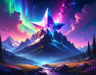 Colorful crystal star atop mountain