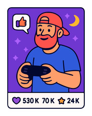 Gamer cartoon streaming with controller illustration. Influencer character playing video game online. Bearded man gamer social media engagement flat design.