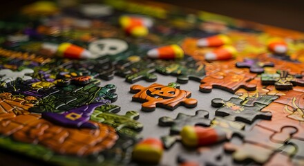 Halloween jigsaw puzzle with candy corn and spooky pumpkin pieces, holiday fun.