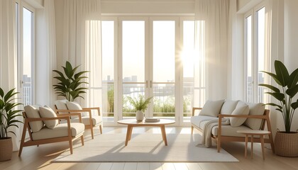 Fototapeta premium Bright Sunlit Living Room with Green Plants and Minimalist Furniture