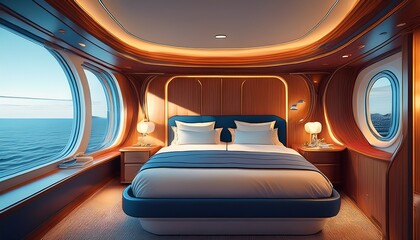 modern first class cabin on a passenger cruise ship with queen size bed