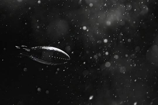 A grayscale image depicts a sleek, bullet-shaped object traversing a dark, speckled background, suggestive of space or underwater