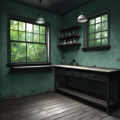 Rustic interior of an old farmhouse with green walls and windows