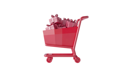 A pink shopping cart filled with pink gift boxes against a plain black background in a studio shot on transparent background