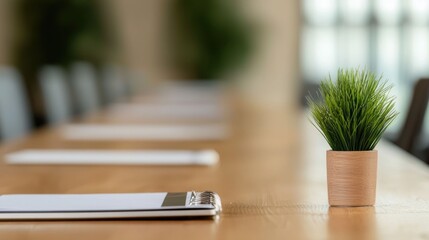 Minimalist corporate seminar or meeting room setup with laptop notebook and plant as branding elements in the background Clean and professional workspace for business training presentation