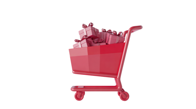 A pink shopping cart filled with pink gift boxes against a plain black background in a studio shot on transparent background