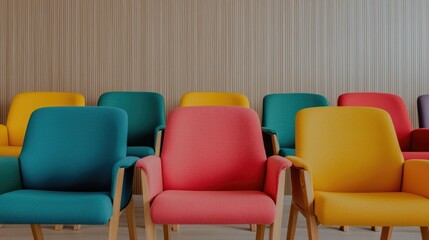 Obraz premium A vibrant and modern seminar setup featuring a colorful arrangement of chairs in an interior space creating an engaging and welcoming environment for conferences meetings or educational events
