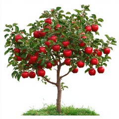 Red Apple Tree Full of Juicy Fruit in Bright Green Grass Setting