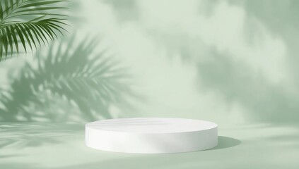White product podium and tropical palm leaves shadow on green background. Background for product presentation
