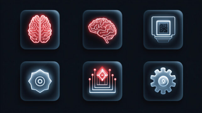 Cognitive Concepts: An illuminated display of cognitive concepts against a dark background, showcasing glowing brain imagery and symbolic icons, suggesting technological and intellectual themes. 