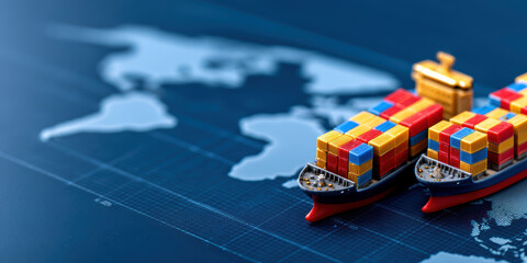 close-up of container ships on a world map, highlighting global trade and logistics.