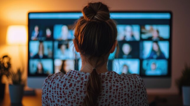 Young woman using video conferencing software on computer monitor in home office engaging in virtual online seminar or remote meeting