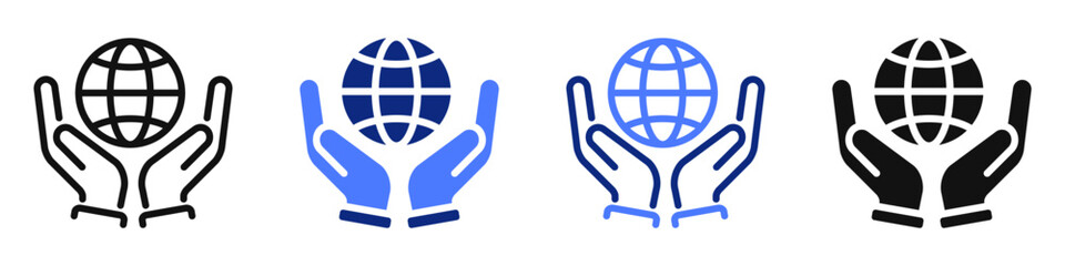 Vector icon or logo of hands holding world globe related to protecting and saving Earth, environment and conservation issues. Symbol for website or app UI, logo design, illustration