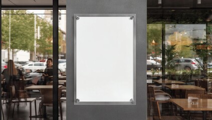 Mockup white paper or white promotion poster displayed on the front of the restaurant, coffee shop Promotion information for marketing announcements and details