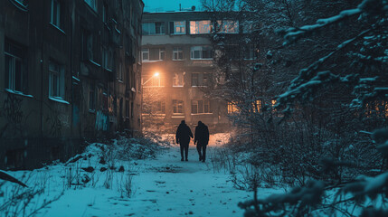 Naklejka premium Two people walk in a snowy alley between abandoned buildings at dusk, with warm lights glowing in the background.