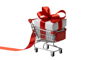 A miniature shopping cart filled with a white gift box tied with a red ribbon on a black background on transparent background