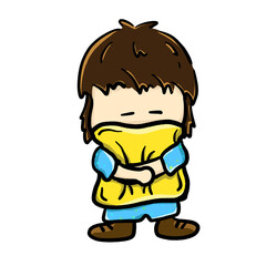 Kid hugging a large yellow pillow with eye closed cartoon illustration