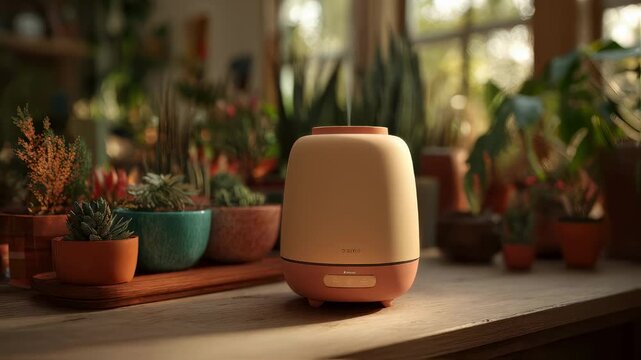 Focused medium shot showcasing a modern automated citrus scent diffuser on a minimalist shelf with warm sunlight softly blurring the surrounding decor.