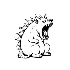 A whimsical monochrome creature illustration with spiky details and an open roaring mouth for