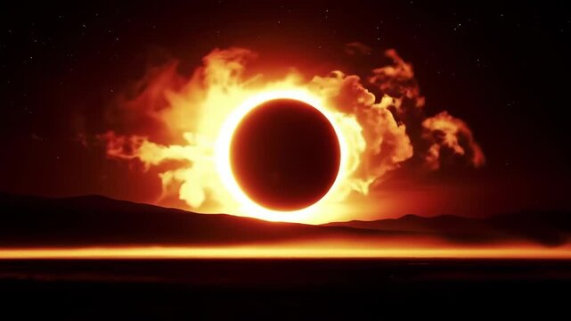 Fiery annular eclipse over desert, starry night, cosmic backdrop