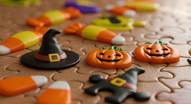 Halloween Candy Witch Hat and Pumpkin Puzzle Pieces on a Wooden Table.