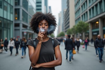 A black woman is smoking an electronic cigarette while walking in a modern city street. The background shows glass buildings and people passing by