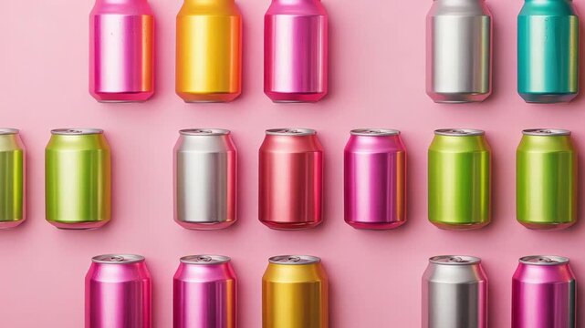 Various colored beverage cans are neatly arranged on a pink background, highlighting their unique colors and designs