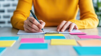 Colorful sticky notes pens and other stationery items on a desk during a seminar feedback session  The image suggests a collaborative creative