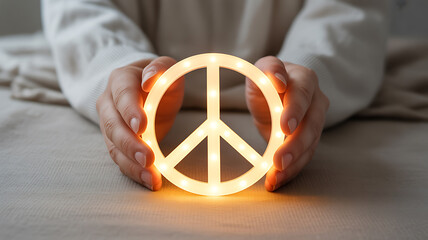 Hands holding a glowing peace symbol light