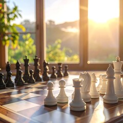 Chessboard with pieces, sunlit window view