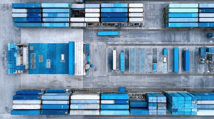 facility. An aerial view of geometric shipping containers forming an abstract industrial landscape. safety posters.