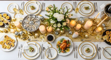 Beautifully decorated festive dinner table with golden details, candles, champagne glasses, oysters, roast chicken, caviar, mini quiches, and floral centerpiece.
