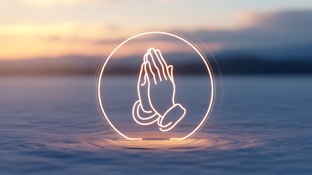 Neon prayer hands symbol glowing on water surface at sunset