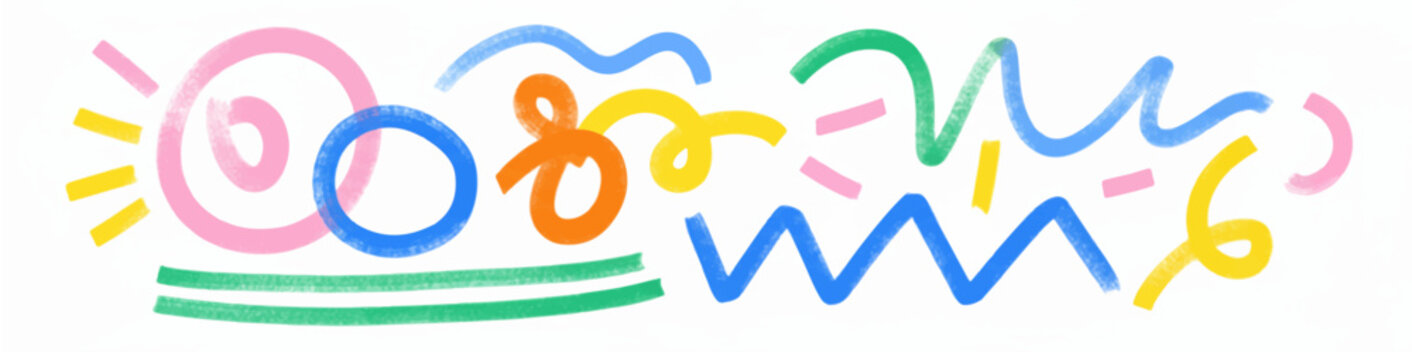 Collection colorful bold curved lines with loops isolated on white. Hand drawn bold grunge wavy and swirled brush strokes. Simple childish vector scribbles and squiggles. Creative trendy style design.