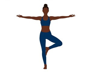 Silhouette of sporty woman, yoga position, outstretched arms, tied-up hair.