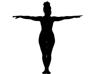 Silhouette of female in yoga stretch, arms wide, standing tall, tied-up hair.