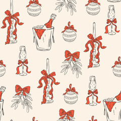 Christmas vintage preppy seamless pattern. Hand drawn chalk holiday background with bow, champagne, candle, mistletoe. Vector ink retro winter holiday print for textile, fabric, wallpaper