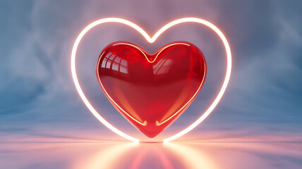 Glowing red heart with neon outline on reflective surface
