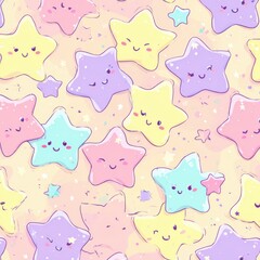 Obraz premium Enchanting Starry Sky: A charming array of pastel-colored stars with friendly faces creates a whimsical and delightful pattern.