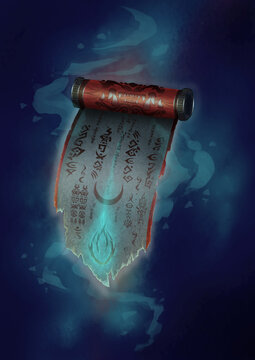2D illustration of an ancient scroll with mysterious symbols, stylized design inspired by Chinese artifacts. A fantasy suwoi scroll containing secret knowledge, perfect for games, concept art, and mys